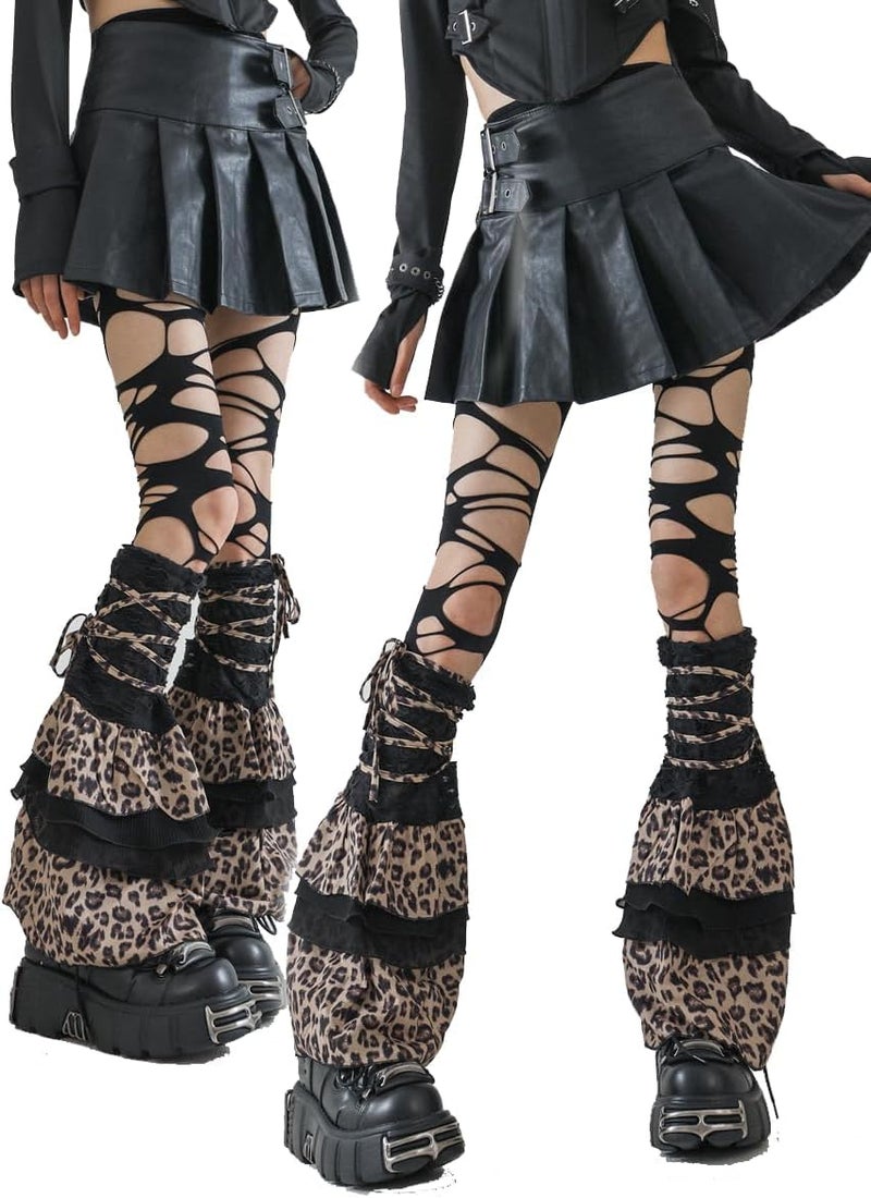 IKIOU Gothic Y2K Leg Warmers, Black Leopard Print Ruffled Design, One Size, Alternative Fashion Punk Style Leg Sleeves with Decorative Straps - Image 1